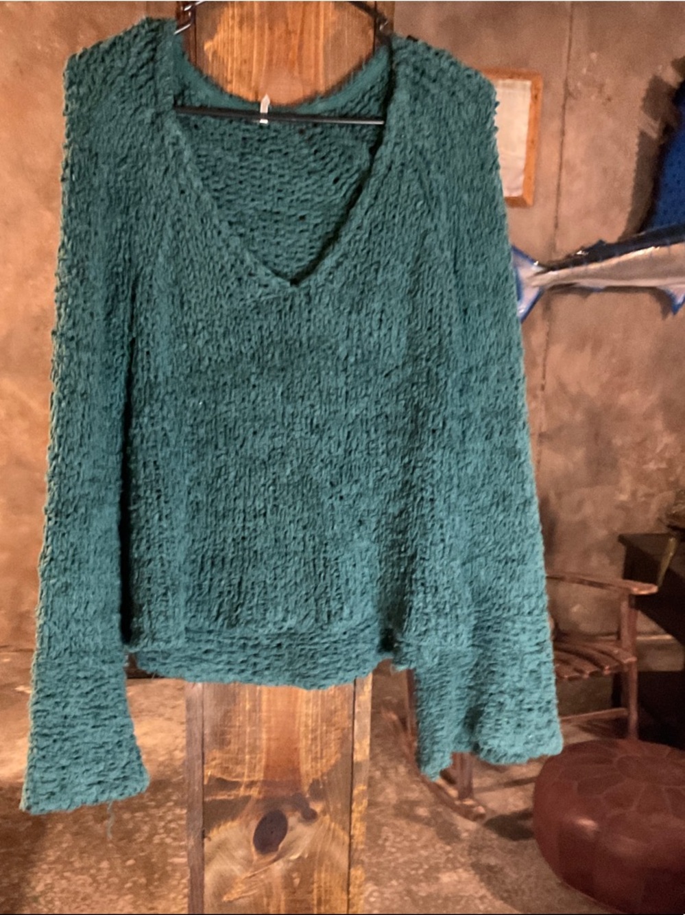 Free People Chunky Knit V-Neck Sweater in Deep Teal